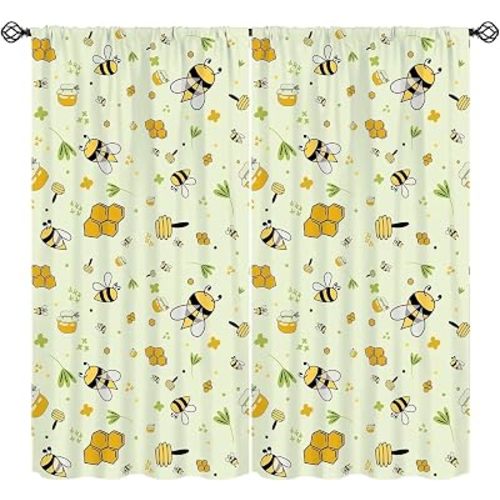 Kids Bee Blackout Curtains Cartoon Cute Bee Yellow Honeycomb Floral Pattern Print Living Room Curtains Suitable for Boys Girls Room Bedroom Decorative Curtains 42x63 Inches