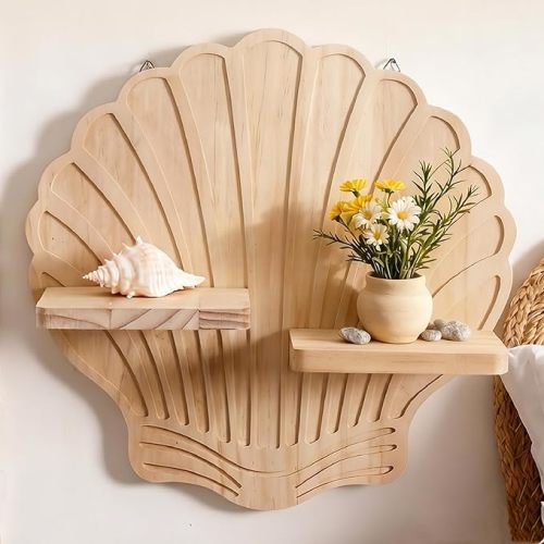 Seashell-Shaped Wooden Wall Shelf, Boho Coastal Floating Shelves Wall Decor