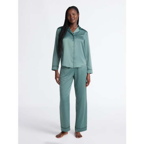 Joyspun Women’s Stretch Satin Notch Long Sleeve Top and Pants Pajama Set, 2-Piece, Sizes XS-3X