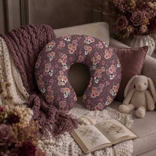 Floral Skull Nursing Pillow Cover, Gothic Moody Rose Baby Nursery Pillowcase