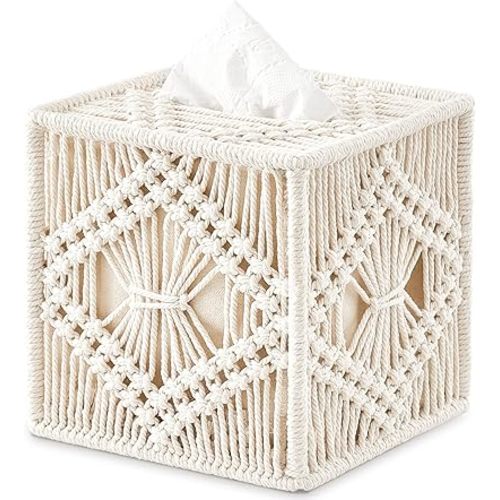 Mkono Tissue Box Cover Macrame Square Open-Bottom Tissue Box Holder Boho Decor Tissue Organizer Bohemian Handmade Woven Tissue Cube Box for Bathroom Bedroom Dresser Living Room Office Dorm, Ivory