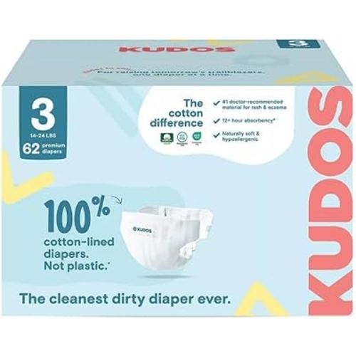 Kudos Chlorine Free Premium Diapers, Cotton-Lined - Size 3, 62 Count, 14-24 lbs