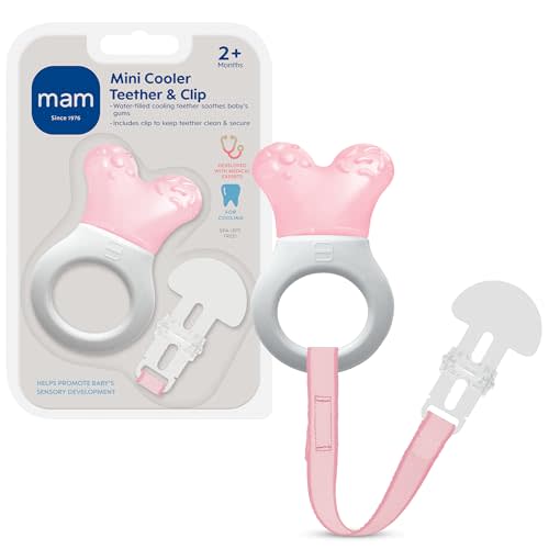 MAM Mini Cooler Baby Teether with Clip – Cooling Teething Ring for Teething Relief, Lightweight Easy-Grip Handle, Reaches Back Teeth, Refrigerator Safe Infant Teething Toy, 1 Pack, Pink