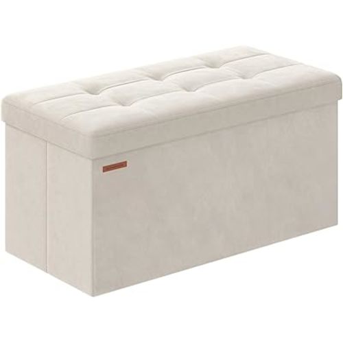 SONGMICS Mazie Collection - Storage Ottoman Bench, Foldable Foot Rest, 15 x 30 x 15 Inches, End of Bed Bench, Storage Chest, Load 660 lb, Living Room, Bedroom, Entryway, Cream White ULSF247W01