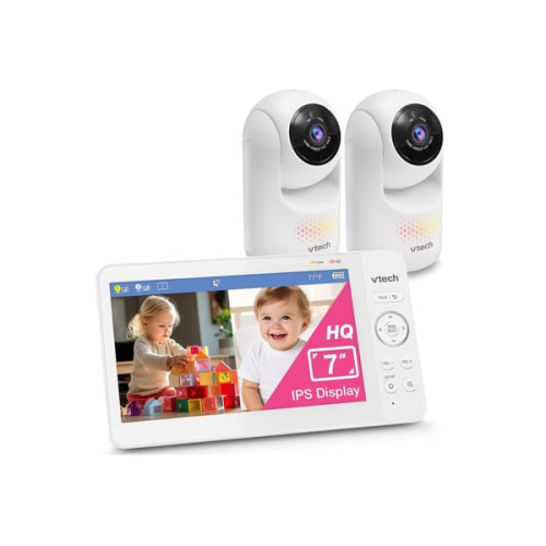 VTech Advanced HQ Max Twin 7" Digital Video 2-Cameras Baby Monitor with Pan Tilt Zoom, Long Battery Life 5000mAh, IPS Screen, Adaptive Multi-Color Night Light, 2-Way Talk, HQ Display, No WiFi, White