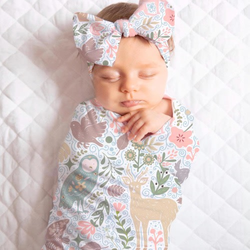 Woodland Swaddle Set for Newborn Baby Girl, Forest Animals Receiving Blanket, Boho Swaddle Blanket + Headband or Hat