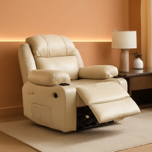 Beige Leather Manual Recliner Chair With Cup Holders - Roy's Home – Roy's Home