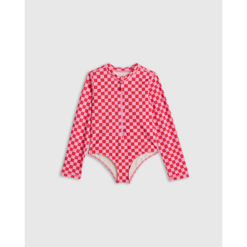 Long Sleeve Zip-Up Swimsuit - Toddler in Pink Check