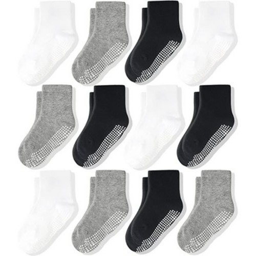 Cozyway Non-Slip Crew Grip Infant Socks, 12 Pack for Boys & Girls, Black/White/Gray, 0-6 Months
