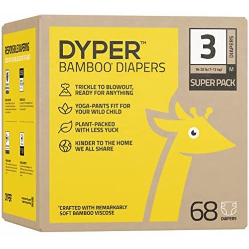 DYPER Viscose from Bamboo Baby Diapers Size 3 | Honest Ingredients | Cloth Alternative | Day & Overnight | Made with Plant-Based* Materials | Hypoallergenic for Sensitive Newborn Skin, Unscented 68Ct
