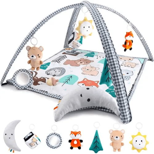 The Peanutshell Unisex Baby Play Gym & 7-in-1 Play Mat - Playmat Baby Toys 0-6, 6-12 Months Tummy Time Mat with Hanging Toys, Soft Padded for Newborns, Infants - Woodland