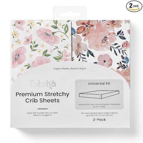 TotAha Premium Stretchy Crib Sheets (2-Pack)-Hypoallergenic, Silky Comfort, Buttery Soft, Calming Effect, All-Season Jersey-Knit Sheets, 9'' Extra Deep Pocket(Meredith Allover Floral & Pale Pink)