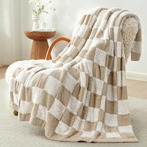 Snuggle Sac Checkered Oversized Throw Blanket Faux Fur Microfiber Blankets for Couch,Cozy Soft Warm Throw XL for Sofa Bedroom Living Room,Beige Checker,50x70 inches
