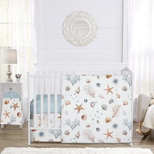 Sweet Jojo Designs 4-Piece Baby Crib Bedding Set (Ocean Seashells) for Boys or Girls, Infants/Nursery incl. Blanket, Fitted Sheet, Skirt, Diaper Stacker (Nautical, Beach Theme, Watercolor, Coastal)