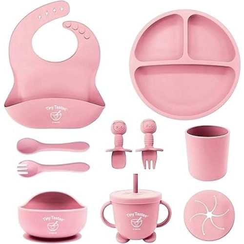 10-Piece Silicone Baby Feeding Set – BPA-Free, Spill-Proof Suction Plate, Bowl, Bib, Snack Cup & Utensils | Dishwasher Safe, Baby Gift Ready (Light Pink)