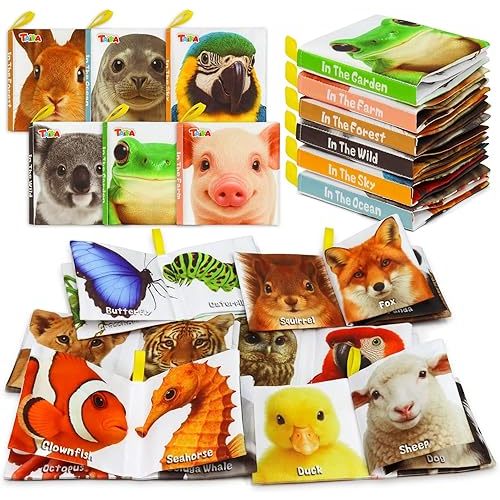 Taika 6PCS Soft Books, Cloth Books, Bath Toy, Sensory Baby Toy, Soft Fabric Shower Gifts, Wild Wonders World, Educational Learning for Baby Infant, Crinkle Squeaky Washablem Non-Toxic