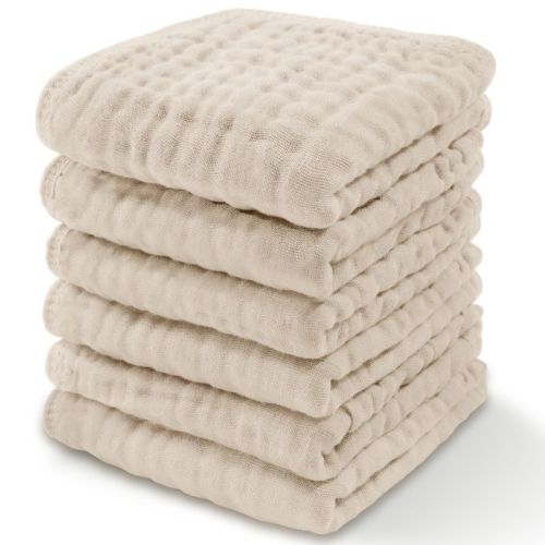 Baby Washcloths Muslin Cotton, Large 10”x10” by Comfy Cubs, Color: Sand, Size: pack of 6