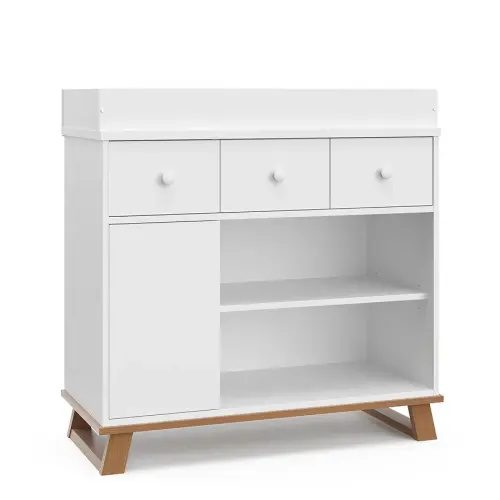 Storkcraft Modern Nursery Changing Table Dresser Combo (White & Vintage Driftwood) – GREENGUARD Gold Certified, Dresser for Nursery, Changing Table with Drawers, Removable Changing Table Topper