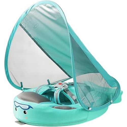 Mambobaby No Inflate Baby Float with Canopy, Infant Toddler Pool Float for 3-24 Months, UPF 50+ Sun Protection 5-Point Harness Solid Pearl-Foam Soft Skin-Friendly Fabric Material for Baby Boat Float