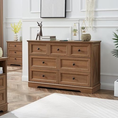 7 Drawers Dresser, Natural Oak Chest of Drawers with Charging Station | Farmhouse Dresser for Bedroom Modern Wood Drawer Dresser, Chest of Drawers Storage Cabinet for Living Room, Entryway