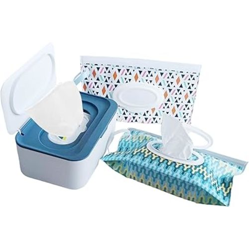 Wipes Dispenser Set,1 Wipe Box & 2 Portable Pouches,White Blue