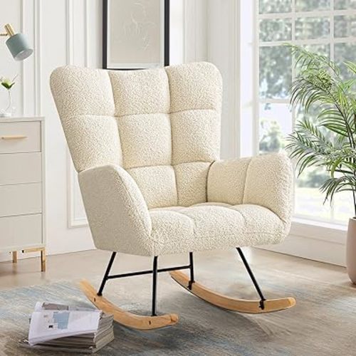 Furniliving Nursery Rocking Chair Upholstered Glider Rocking Chair Modern Accent Chair Padded Seat Reading Chair with High Backrest Comfy Chair for Living Room, Bedroom, Nursery, White, Teddy