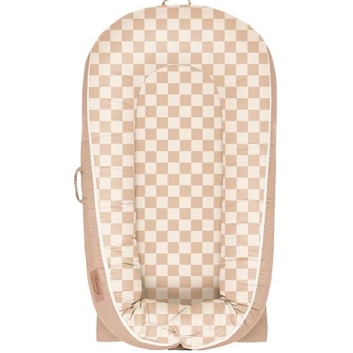 Konssy 100% Cotton Baby Lounger Cover Fits DockATot Deluxe+, Cover Only | Soft & Breathable, Easy Installation with Two-Way Zipper & Snap Buttons, Cozy Replacement Cover for Baby Nest (Coffee Check)