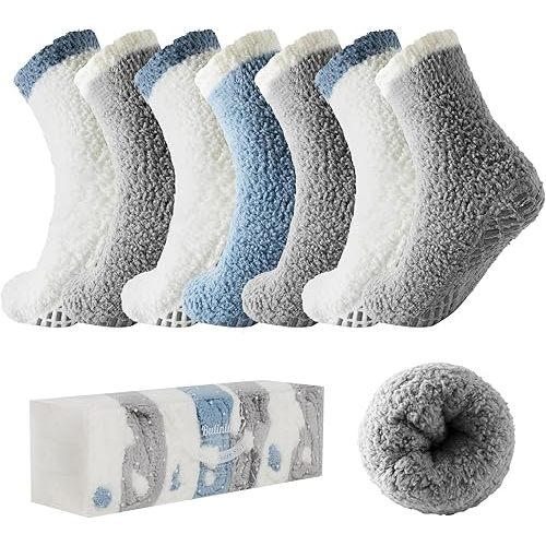 Bulinlulu Fuzzy Socks with Grips Plush Sleep Cozy Winter Soft Hospital Fluffy Socks Gifts for Womens Mens Gifts