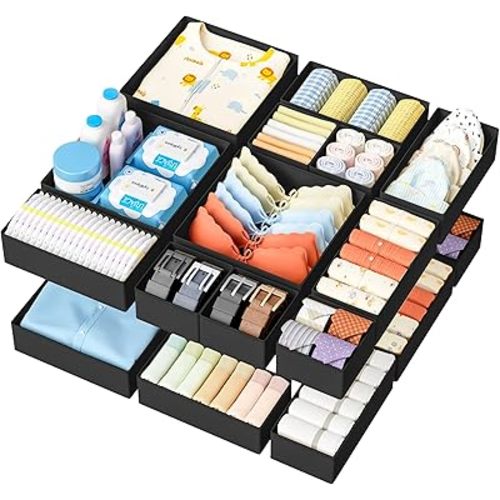 DIMJ Drawer Organizer Clothes - 18 Pack Closet Drawer Organizer Bins for Baby Clothes Storage, Fabric Dresser Organizer for Nursery Bedroom, Foldable Small Drawer Dividers for Underwear Socks