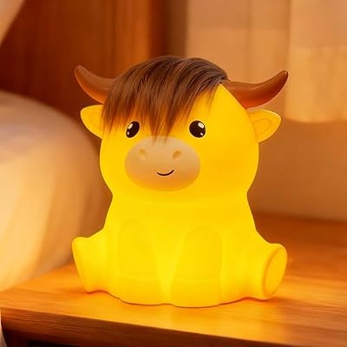 Led Cute Highland Cow Night Light, Dimmable Timer Nursery Kawaii Lamps, Super Squishy Silicone USB Rechargeable Touch Control Night Lamp, Used for Camping Party Room Decor (Highland Cow)