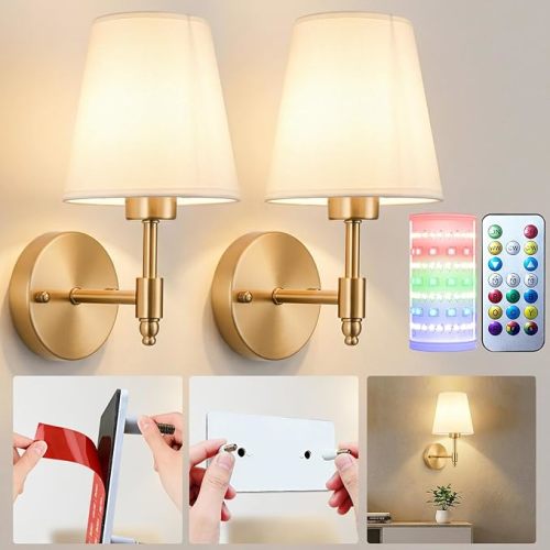 Nekhung Battery Operated Wall Sconces Set of Two, Wireless Battery Wall Light with 10000mAh RGB Dimmable Magnetic Bulb and Remote, Rechargeable Sconce Wall Decor for Bedroom Living Room Hallway