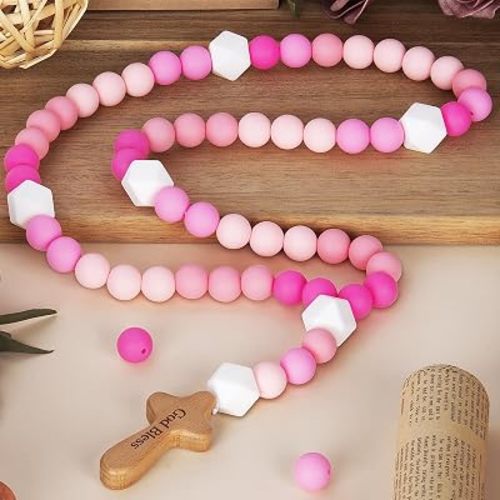 Baby Rosary with Cross, Baptism Gift Baby Rosary for Boy Girl Kids, My First Rosary Catholic Religious Gifts Christian First Holy Communion Party Decorations, Pink