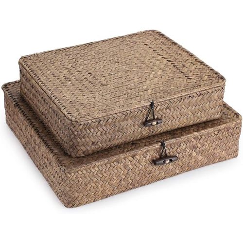 Hipiwe Set of 2 Flat Wicker Storage Basket Bins with Lid Woven Seagrass Box