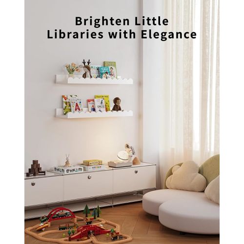 Nursery Book Shelves, 4-Pack White Floating Shelves for Wall Kids, Scalloped Shelves, Wall Book Shelves for Bedroom Kids, Toddler Room, Baby Room, Nursery Decor