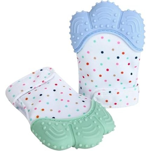 PandaEar Soothing Teething Mitten 2 Pack, Pain Relief, Protection Glove, Stimulating Teether, 0-12 Months (Blue Green)