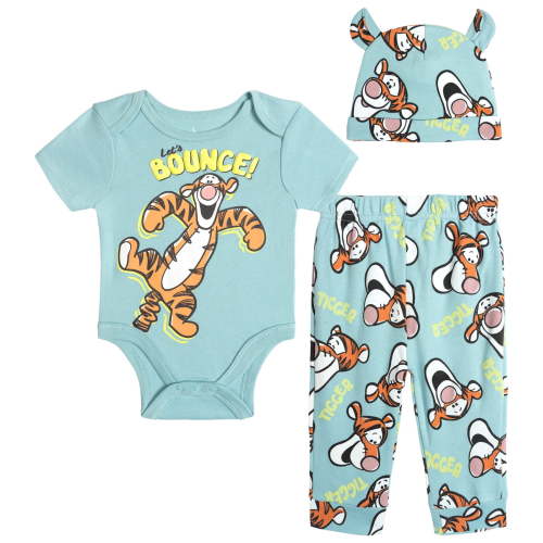 Disney Winnie the Pooh Baby Boys' New Baby 3-Piece Bodysuit Pants and Hat Set Tigger Trellis Blue