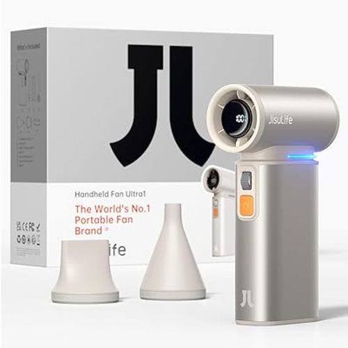 JISULIFE Portable Handheld Turbo Fan, 100 Speeds Adjustable Mini Personal Fan, 9000mAh USB Rechargeable Fan Battery Operated, LED Display, Metal Shell with Accessories Gifts for Men Women Travel-Brown