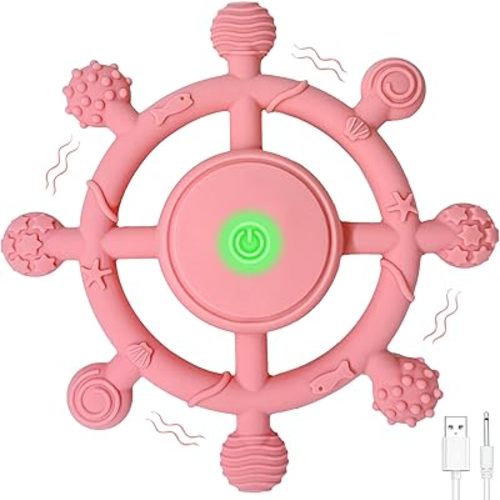 YOFUN 3-Speed Vibrating Baby Teether – Soothing Silicone Teething Toy for Infants 3M+, Food-Grade, USB Rechargeable – Soft & Safe Gum Relief for Babies (Pink)