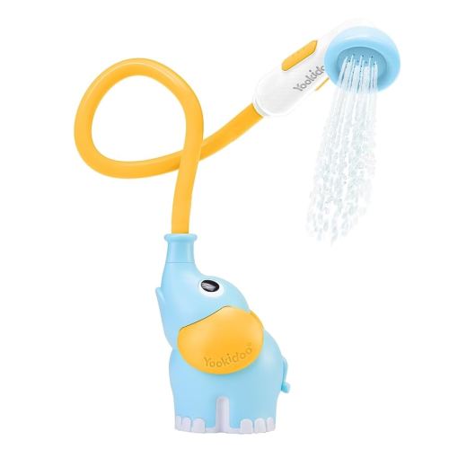 Yookidoo Baby Bath Shower Head - Elephant Water Pump with Trunk Spout Rinser - Control Water Flow from 2 Knobs for Maximum Fun in Tub or Sink for Newborn Babies (Blue & Orange)