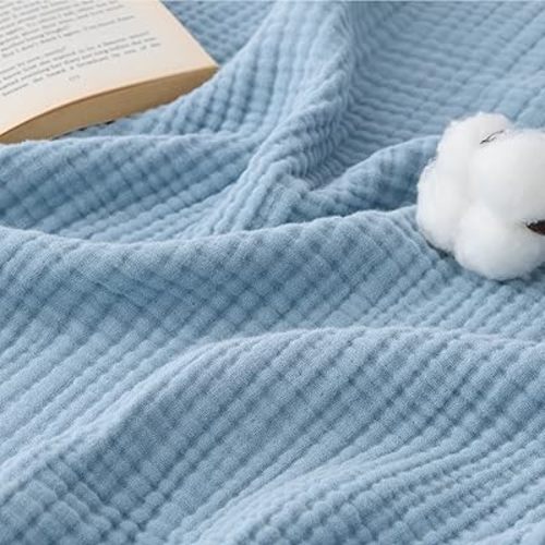Bedsure 100% Cotton Muslin Blankets for Adults Large Throw 50x70 Inches - 4-Layer Breathable and Lightweight, Soft Boho Gauze Muslin Cotton Blanket for Couch Decor Travel Summer, Blue