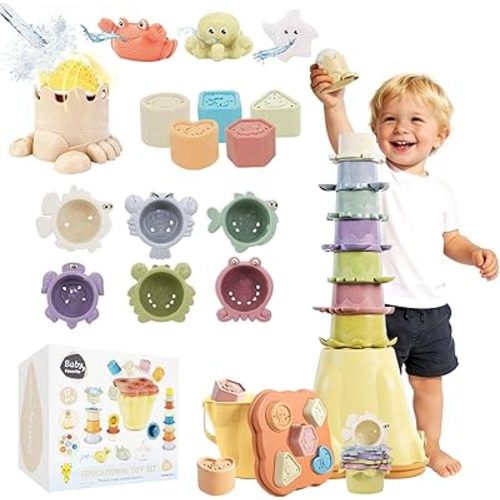 BYFWH Stacking & Sorting Toy, 4-in-1 Nesting Cups for Sand & Bath Play Nesting Cups & Shape Sorting Blocks, Toddler Montessori Toy for 1-3 Years, Develops Color & Shape Recognition, Fine Motor Skills