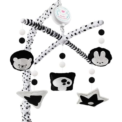 Montessori Crib Mobile – High-Contrast Baby Mobile for Crib, Black and White Baby Crib Mobile with Upgraded 3-Mode Music Box, Visual Development Nursery Mobiles, Fits Standard Cribs