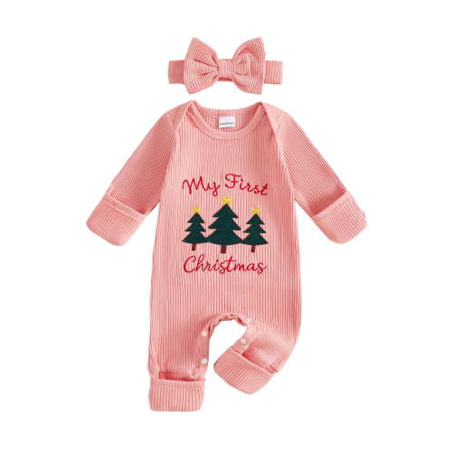 RUINIXCW Newborn Baby Girl My First Christmas Outfit Infant Girl Fall Winter Ribbed Jumpsuit Xmas Clothes Tree Embroidery Long Sleeve Jumpsuit Headband