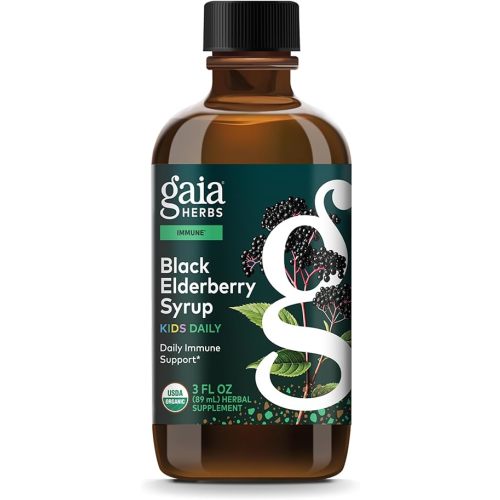 Gaia Herbs Black Elderberry Syrup Kids Daily - Delicious Immune Support Supplement for Kids* - Organic Black Elderberries & Honey - USDA Certified Organic Syrup - 3 Fl Oz (About 18 to 26 Servings)
