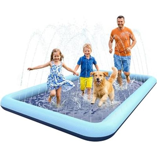 VISTOP Non-Slip Splash Pad for Kids and Dog, Thicken Sprinkler Pool Summer Outdoor Water Toys - Fun Backyard Fountain Play Mat for Baby Girls Boys Children or Pet Dog (97 * 60 inch, Blue&Blue)