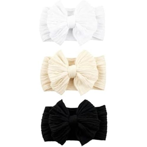3 Pcs White Beige Black Baby Bows Headbands Soft Nylon Hairbands Super Elastic Headband Hair Accessories For Baby Girls Infant Toddler Essentials (White Beige Black)