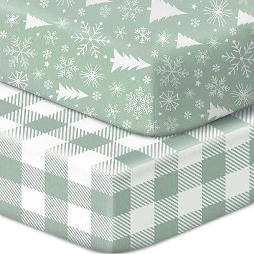 Baby Crib Sheets 2 Pack for Boys and Girls, Soft Microfiber Breathable Baby Sheet, Fits Standard Crib Toddler Mattress 28x52x8in(Green Plaid & Snowflakes)