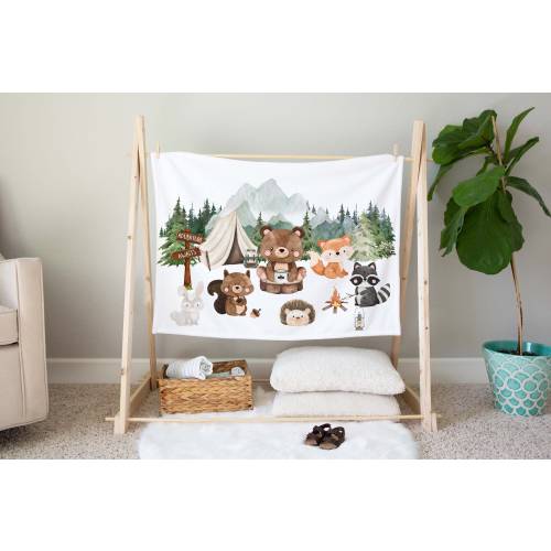 Woodland blanket, Adventure Awaist, Forest blanket, Mountains blanket, Woodland crib bedding, Fox Raccoon, Bear blanket -Camping critters