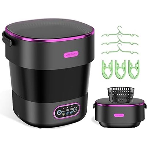 Portable Washing Machine, Mini Washer and Spin-Dryer With Folding Hanger, 16L Large Capacity Small Compact Laundry Machine of Underwear, Baby Clothes, for Apartments, Dormitories, RV, Travel, (Black)