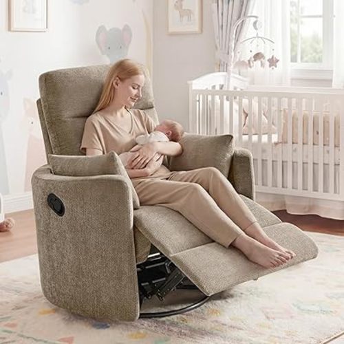 Nursery Rocking Chair, Oversized 360° Swival Glider Recliner Chair, Upholstered Nursery Rocker with 2 Pillows and Footrest, Cozy Reclining Sofa for Living Room, Bedroom, Nursing, Camel